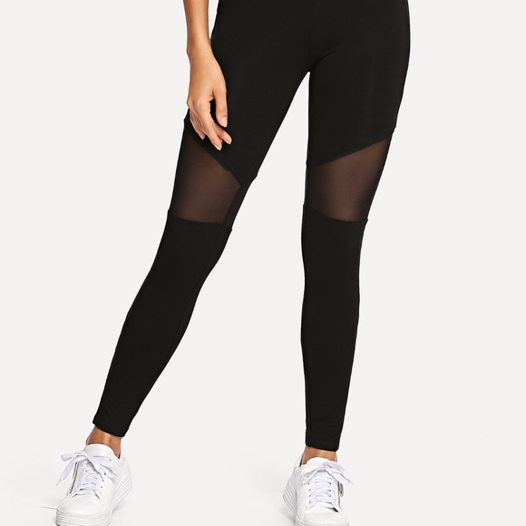 New! Black Mesh Insert High Waist Leggings - Picture 3 of 8